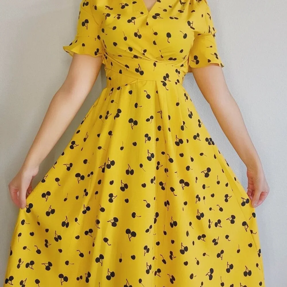 Yellow Cherry Midi Summer Spring Dress - Picture 5 of 7